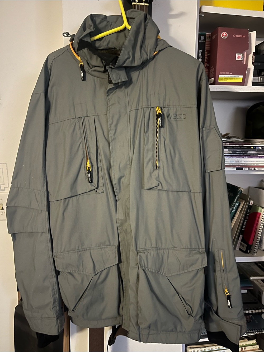 WESC Men's Gray Ski Jacket with Yellow Zipper Accents